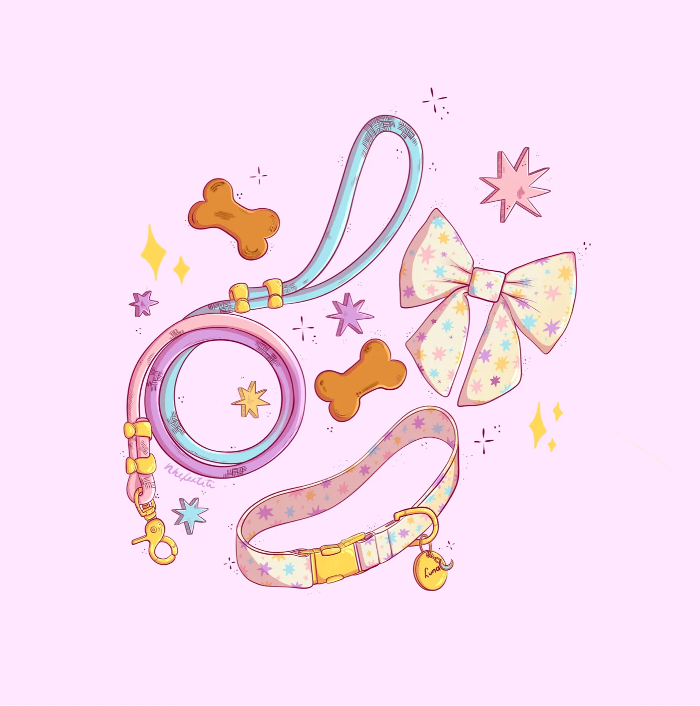 Pastel dog leash, collar and bow with treats — illustration by Lizy Del Busto